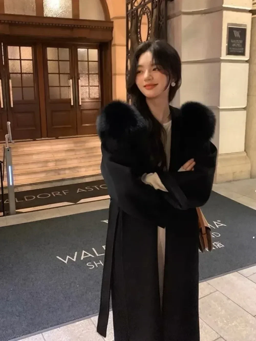2024 New Design Hooded Fur Wool Natural Fox Fur Coats Outerwear Jackets with Belt Women\'s Overcoat Soft Woolen Coats Female