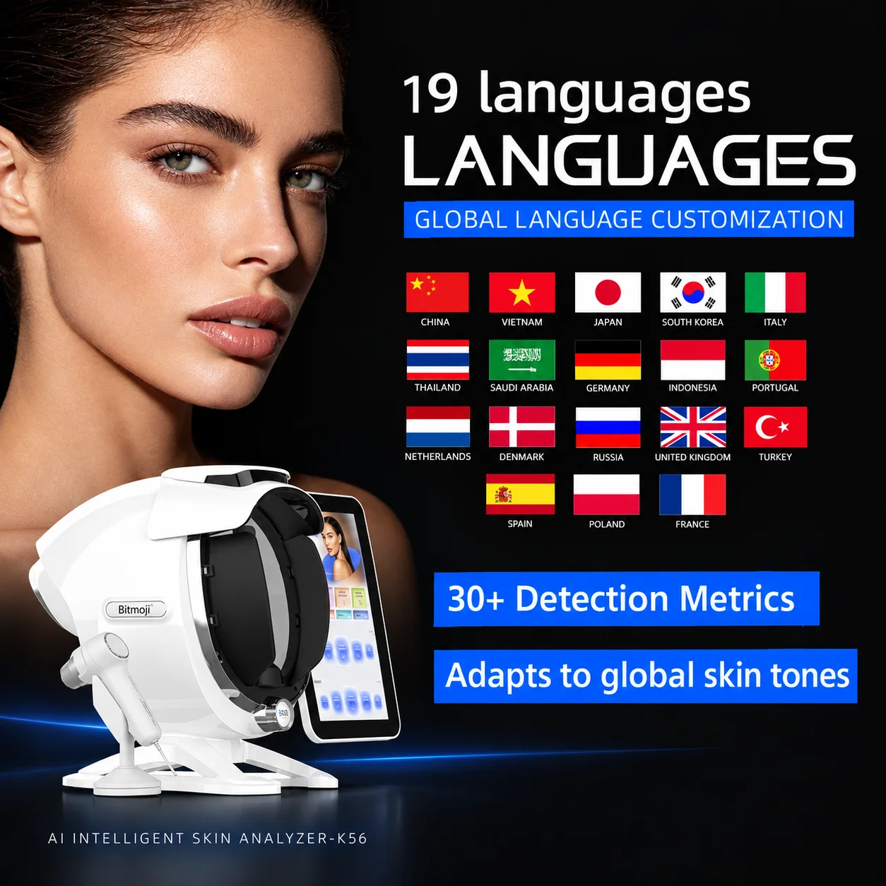 AI Skin Analyzer Machine 8 Spectrum 270° Facial Skin Analysis Device with Handheld Microscope Camera 33 Detection Functions for