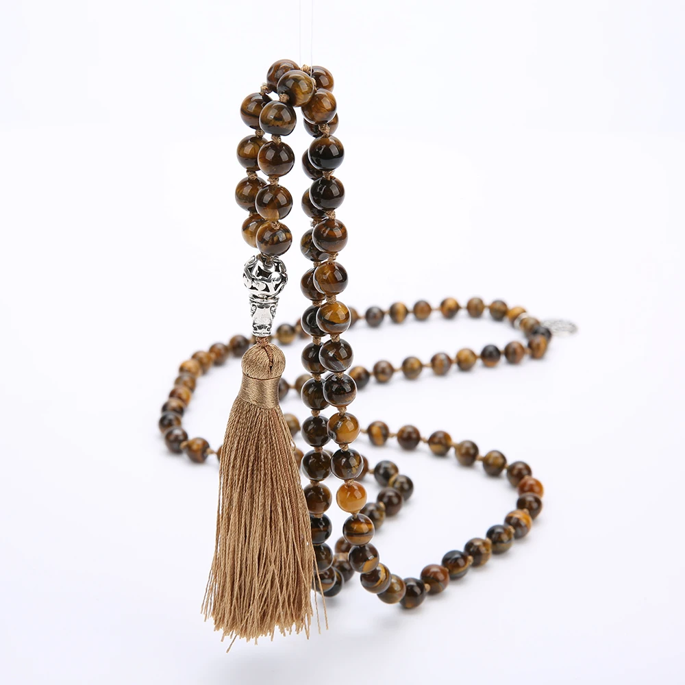 OAIITE Yellow Tiger Eye Necklace for Men 108 Japa Mala Rosary  Natural Stone Classic Charm Beaded Tassel Necklace Jewelry Gift