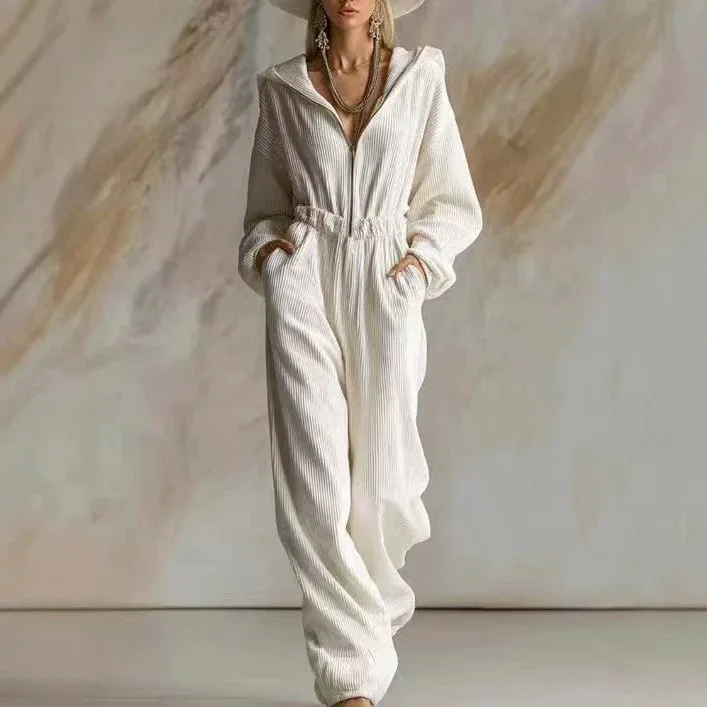 Customized European, American, Independent Station Casual Loose And Fashionable White Corduroy Hooded Zipper Long-sleeved Onesie