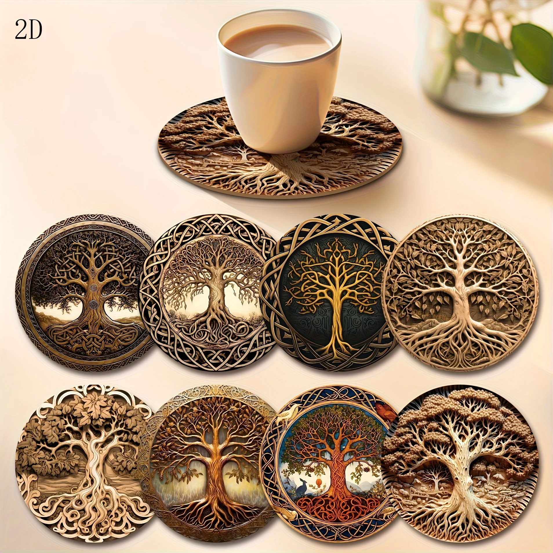 2D.8 Stück Holzuntersetzer der Tree of Life-Serie, geeignet für Getränke, Tee- und Kaffeetassen, für Heim- und Restaurantdekoration