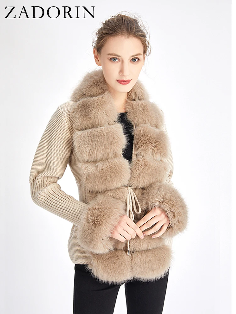 ZADORIN Herbst Winter Damen Kunstpelzmantel Luxus Strickpullover Pelz-Cardigan Abnehmbarer Kragen Weiß Rosa Jacke Kunstpelzmäntel