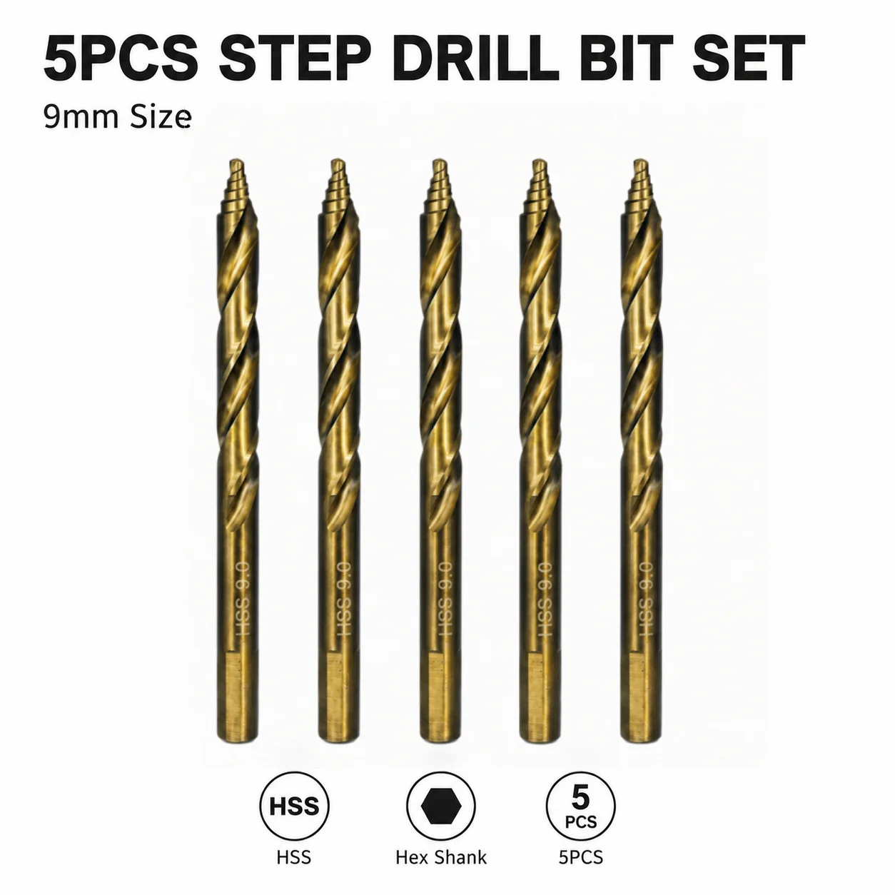 5Pcs 9mm HSS Twist Drill Bits, 1/4