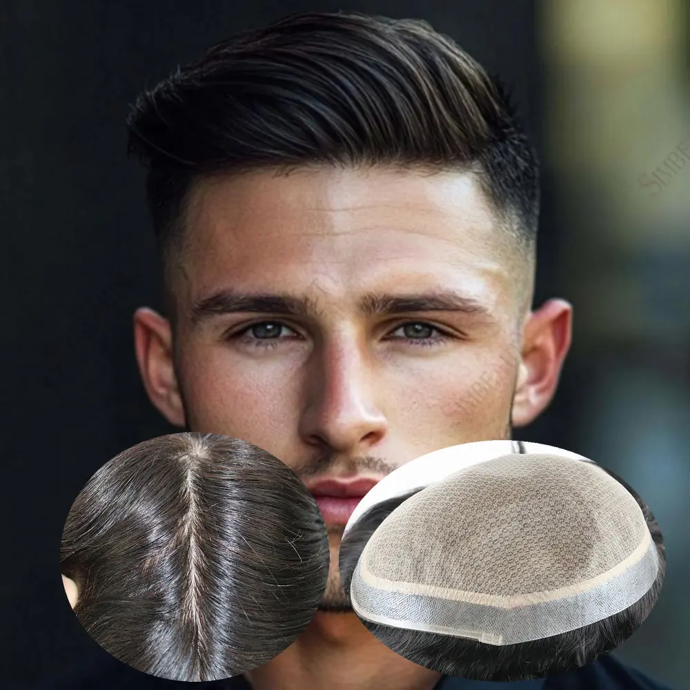 

Men's Hairpiece Silk Base PU Around Men Toupee Realistic Men Wigs Natural Black Remy European Human Hair Replacement Prosthesis