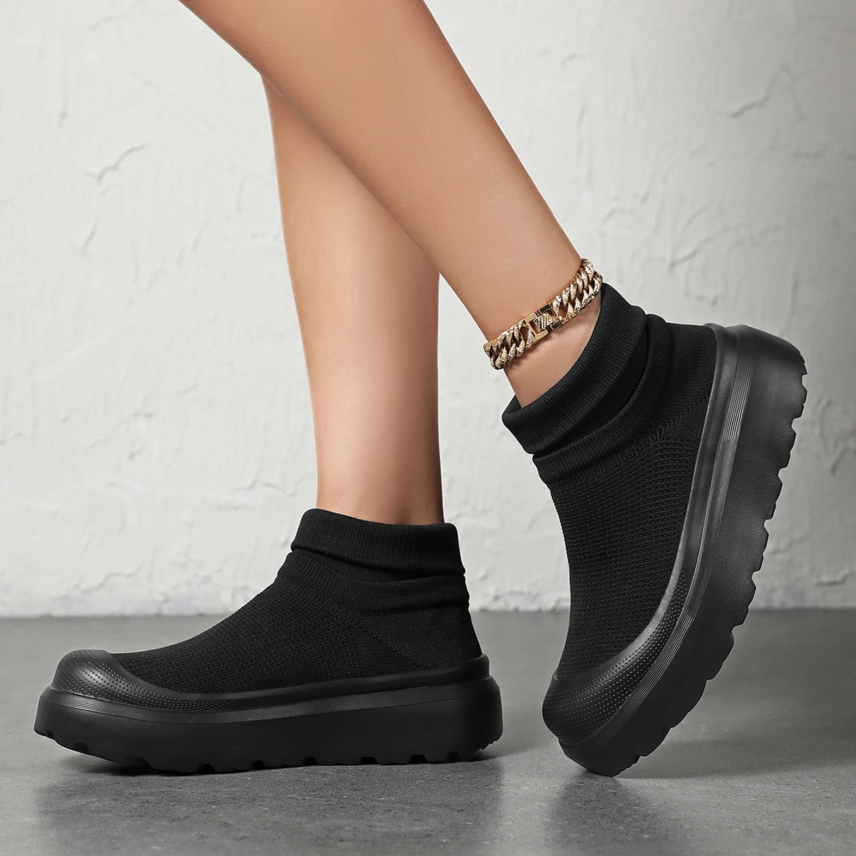 Women's Platform Sock Boots Black Knit Slip-On Chunky Sneakers Casual Stretch Ankle Shoes view 4