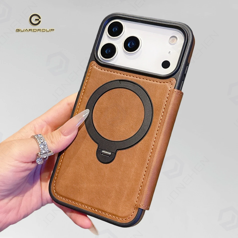 

Кожаный флип-чехол для Magsafe Card Wallet для iPhone 17 Pro Max Air 16 15 14 Plus 13 12 11 Чехол с магнитной металлической подставкой и кольцом