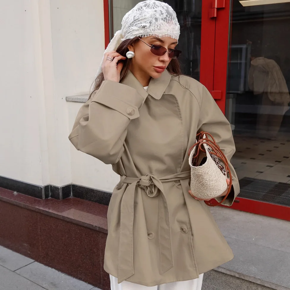 KIDCRKJ Khaki Spring Women Trench Jacket Lapel Collar Lace Up Waist-cinching Lady's Outwear French Style Slim Chic Female Coat