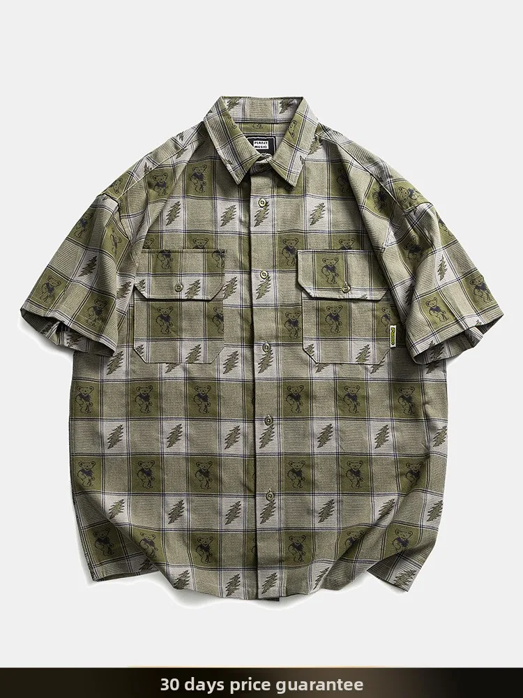 

Американская ретро-рубашка в цветную клетку с коротким рукавом, летняя, новая, свободного кроя, повседневная, универсальная, с воротником, из хлопка, молодежная, модная.