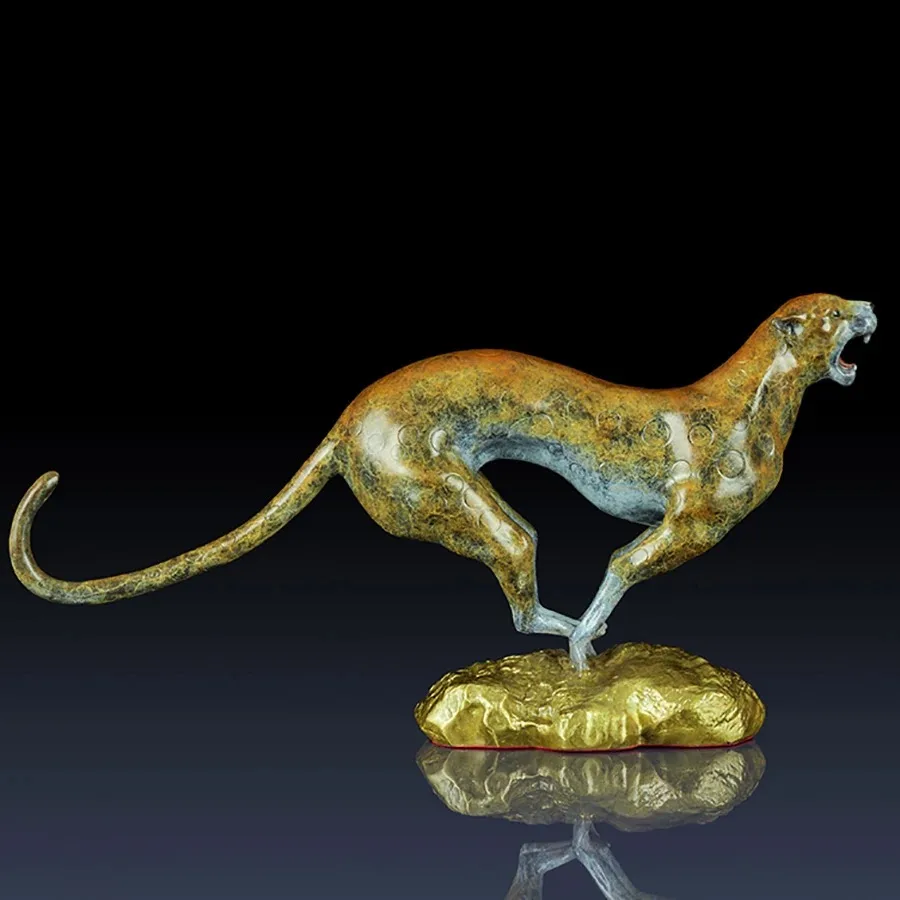 Pure Brass Animal Sculpture Cheetah Statue Bronze Handmade Copper Large Leopard Panther Wildlife Art Home Office Decor Gift