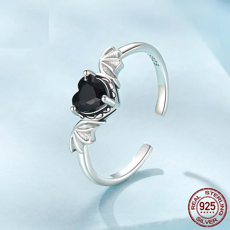 Bague coeur noir argent 925 bagues vintage pour femmes bague d'ouverture bijoux cadeau pour anniversaire des filles bague en argent pur 2025