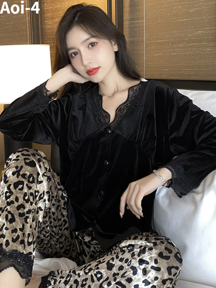 Fashion Gold Velvet Pajamas Suit Women 24 Spring Autumn New High Quality Leopard Print V-Neck Long Sleeve Top+Pants Home Clothes