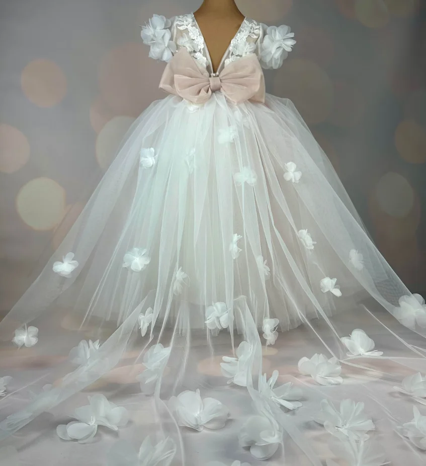 Robe de Princesse à Fleurs pour Fille, Tenue de Soirée de Mariage, en Dentelle Florale, Appliques en Tulle, de Bal, de Première Communion, avec Traîne Amovible