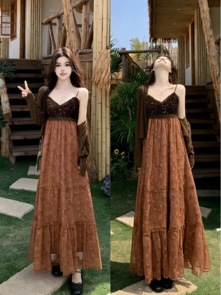 

plus Size Pure Desire Gentle Strap Dress Women's High Waist Slimming Sequin Splice Two-Piece Long Dress Spring Summer Citywalk