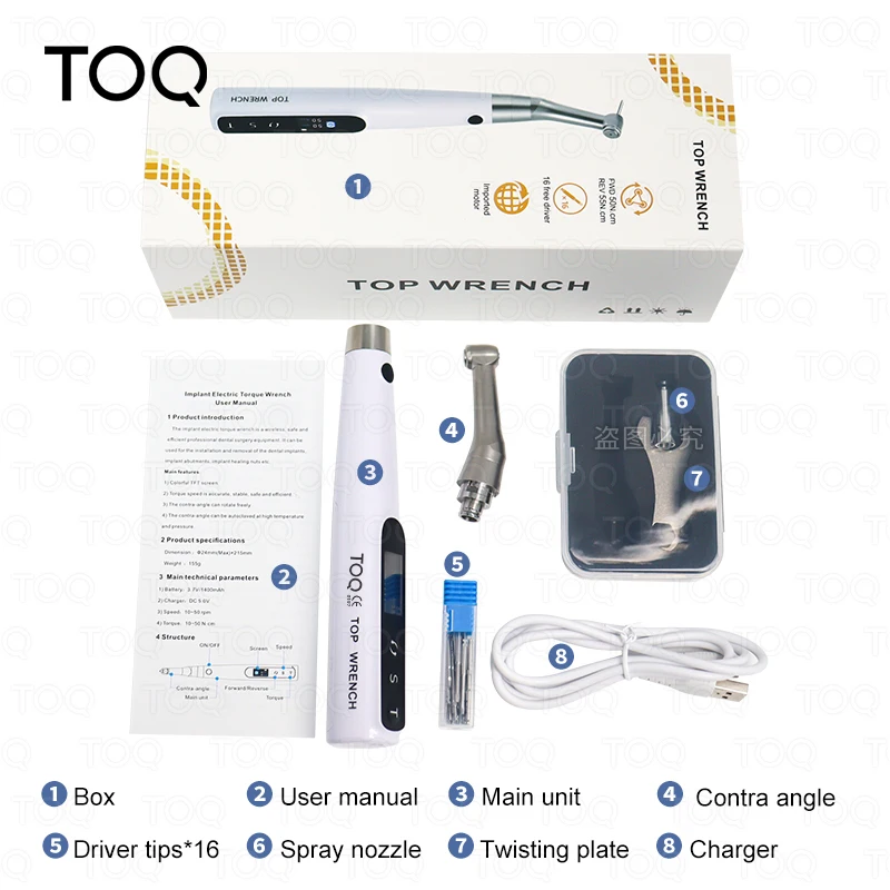Dental Implant Motor Electric Wireless Torque Driver Implant Torque Wrench with 16pcs Screwdrivers Contra Angle Motor