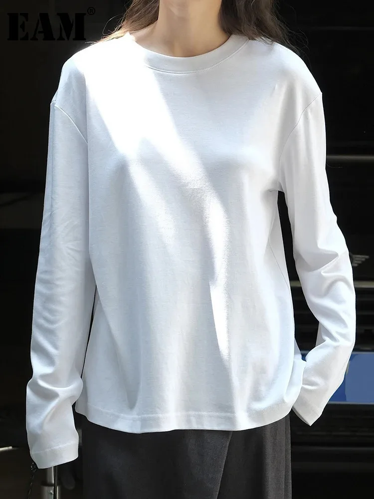 

[EAM] Women White Black Brief Big Size Casual Plain T-shirt New Round Neck Long Sleeve Fashion Tide Spring Autumn 2024 1DH6898