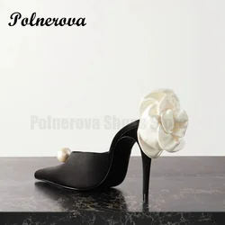 Black Satin High Heels Slippers New Spring and Summer Pearl High Heels Stiletto Heels Women's Stiletto Party White Rose Sandals