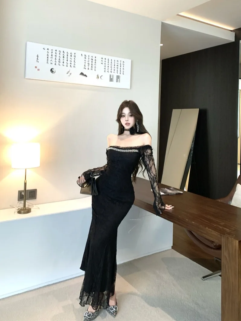 Ele Wit Kant Lange Sve Dr Dames Fi Staart Rok Lange Dr Zacht Meisje Sle Pendelen Sle Herfst Hoge Taille Sli...