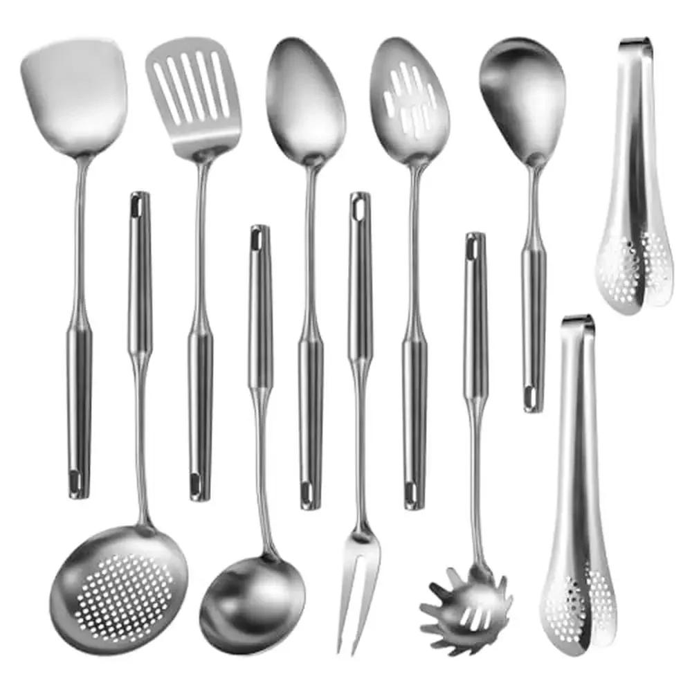 

11-Piece Stainless Steel Kitchen Utensils Set Long Metal Spatula Ladle Spoon Meat Fork Tongs Pasta Server Cooking Tools Kit