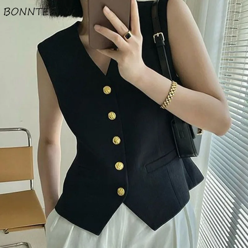 Vests Women Solid Defined Waist V-neck Chic Temperament Office Lady Retro Button Trendy Clothing All-match Summer Outerwear Ins