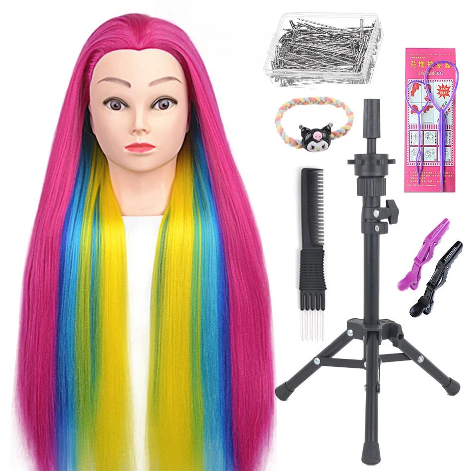 Голова манекена, 100% синтетические волосы, парикмахерская, тренировочная голова со штативом, манекен, косметологическая кукла, голова для плетения, укладки