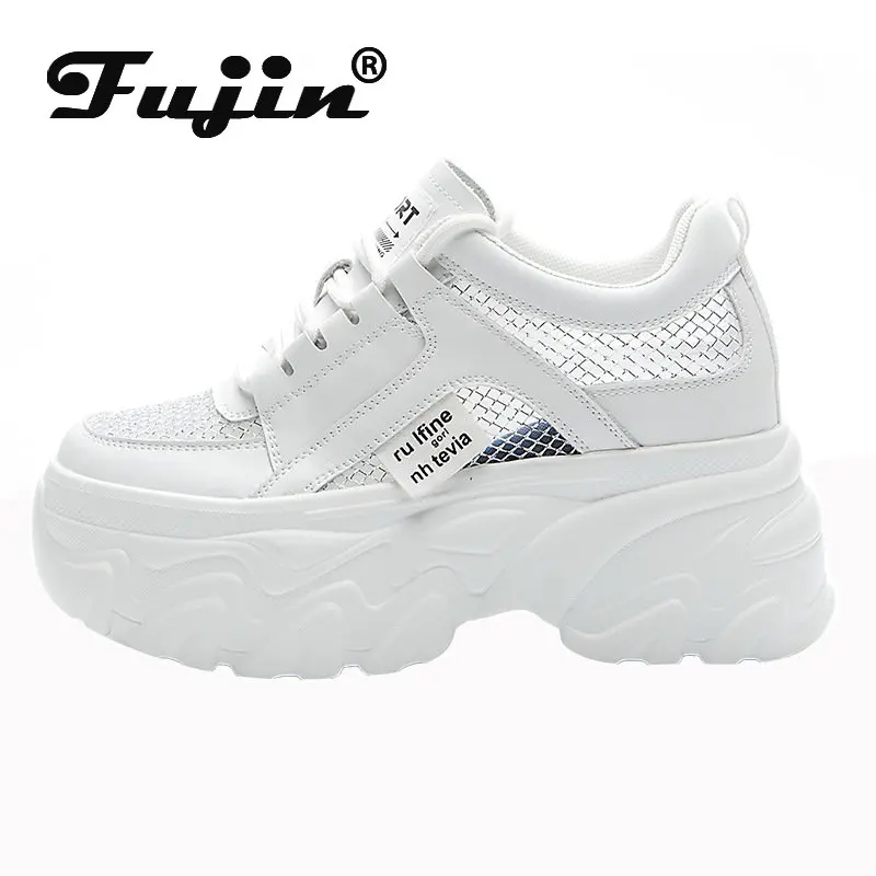 Fujin 9cm mucca vera pelle donna Air Mesh traspirante sandali Casual piattaforma cava zeppa Sneakers Chunky 2024 scarpe estive