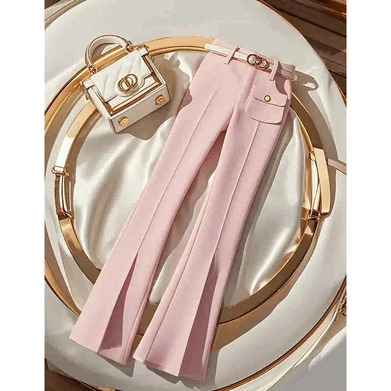 New Spring Autumn Fashion Split Micro Flare Pants Women Pink Pocket Fashion Design Slim Office Lady Suit Pant Elegant Trousers