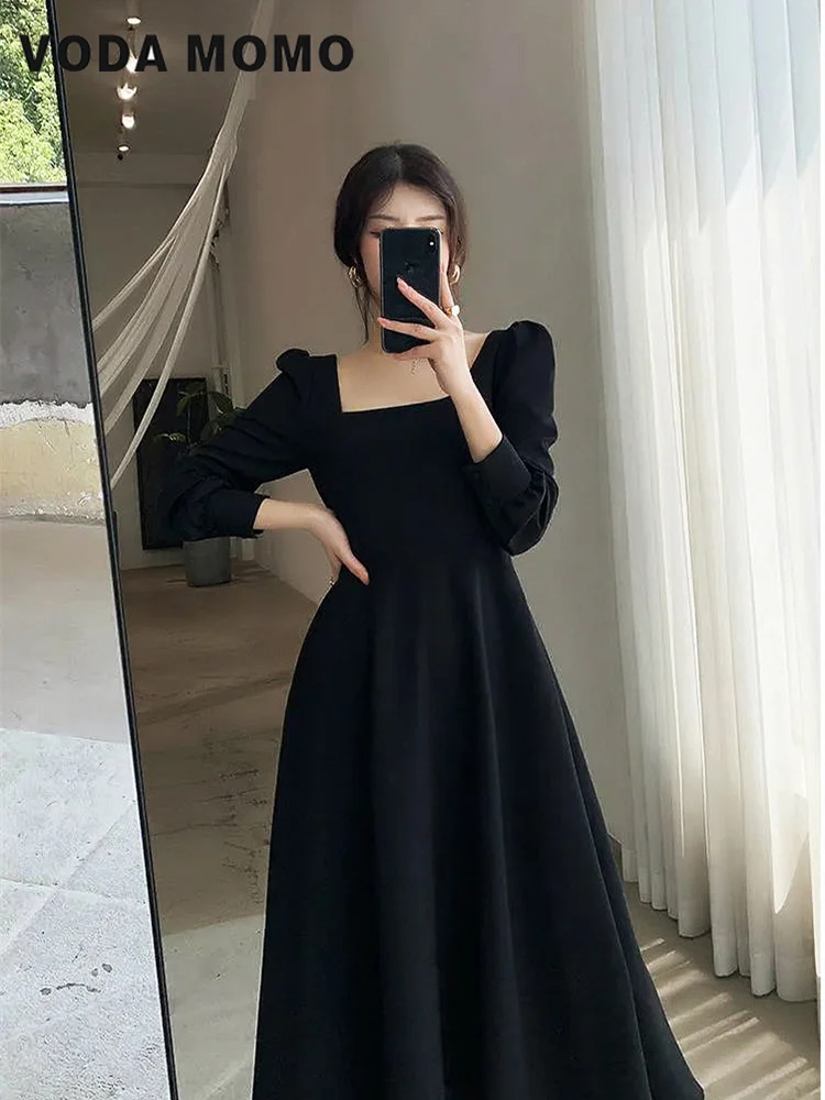 Quadratischer Hals langes Kleid einfache elegante formelle Rock Frauen Robe Damenmode lange Ärmel Kleider Frühling Herbst solide Vintage