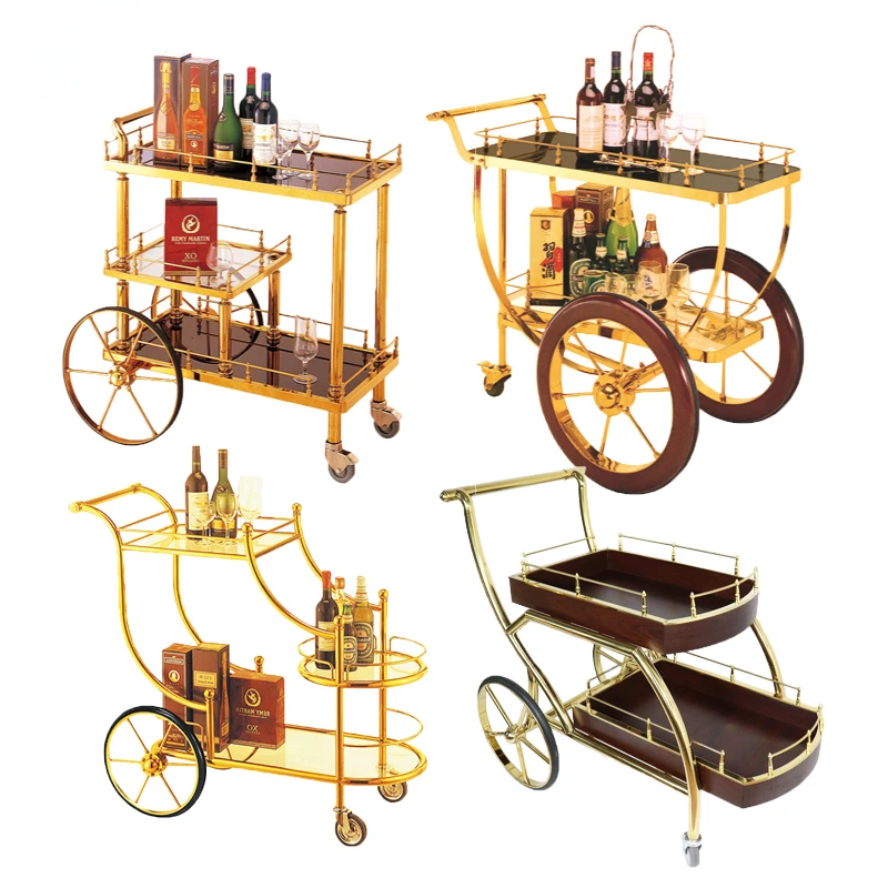 Luxury Gold Metal Wood Tea Wine Food Catering Drinks Serving Trolley Cart For Bar Hotel Restaurant Wedding Party Bar Carts