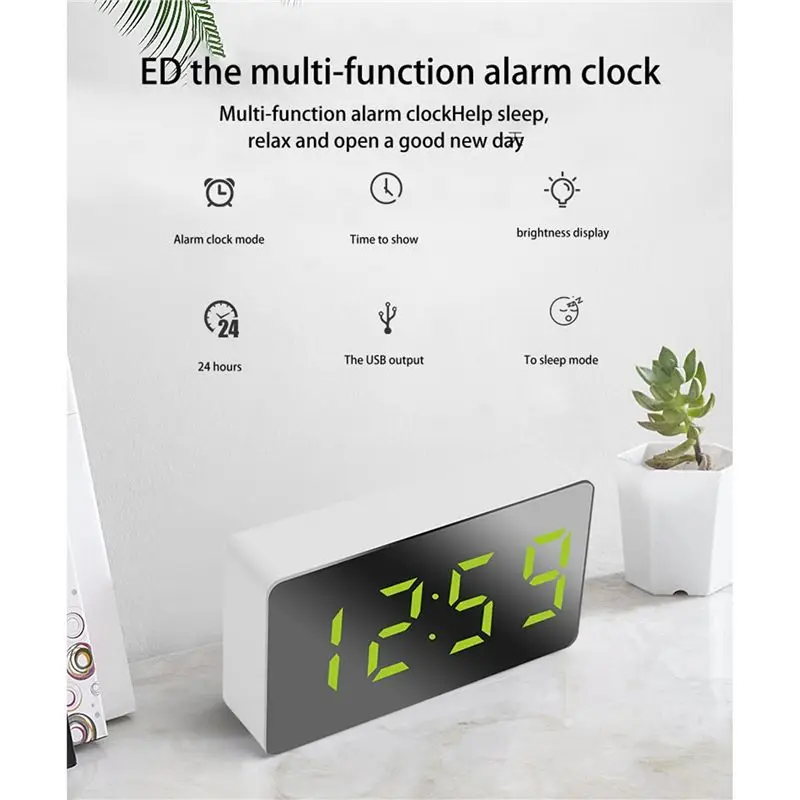 ABUL-2X Mini Desk Alarm Clock Digital Mirror LED Temperature USB Bedside Table Travel Clocks For Bedroom Living Home Decor