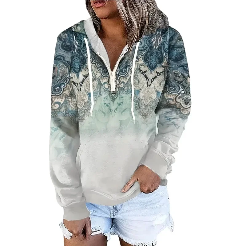 Sweater Hoodie Wanita Ukuran Besar 1XL-5XL, Lengan Panjang, Motif Cetak, Kantong Kanguru, Hangat, Kasual, Longgar, Musim Gugur