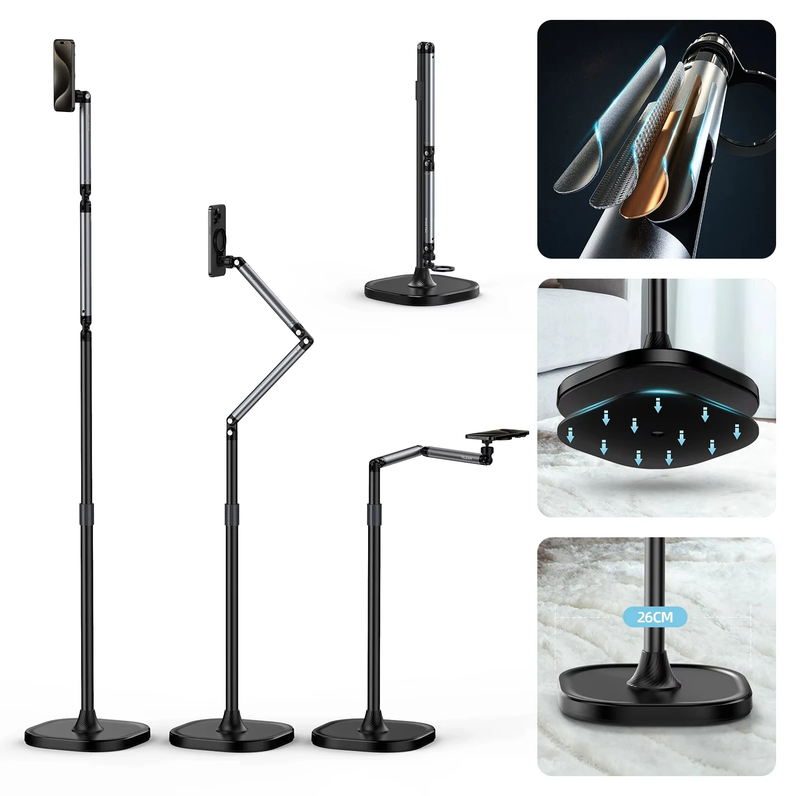 Adjustable Magnetic Aluminium Phone & Tablet Stand Holder - 1.6M Extension, Live Streaming & Bed Lazy Arm Floor Stand