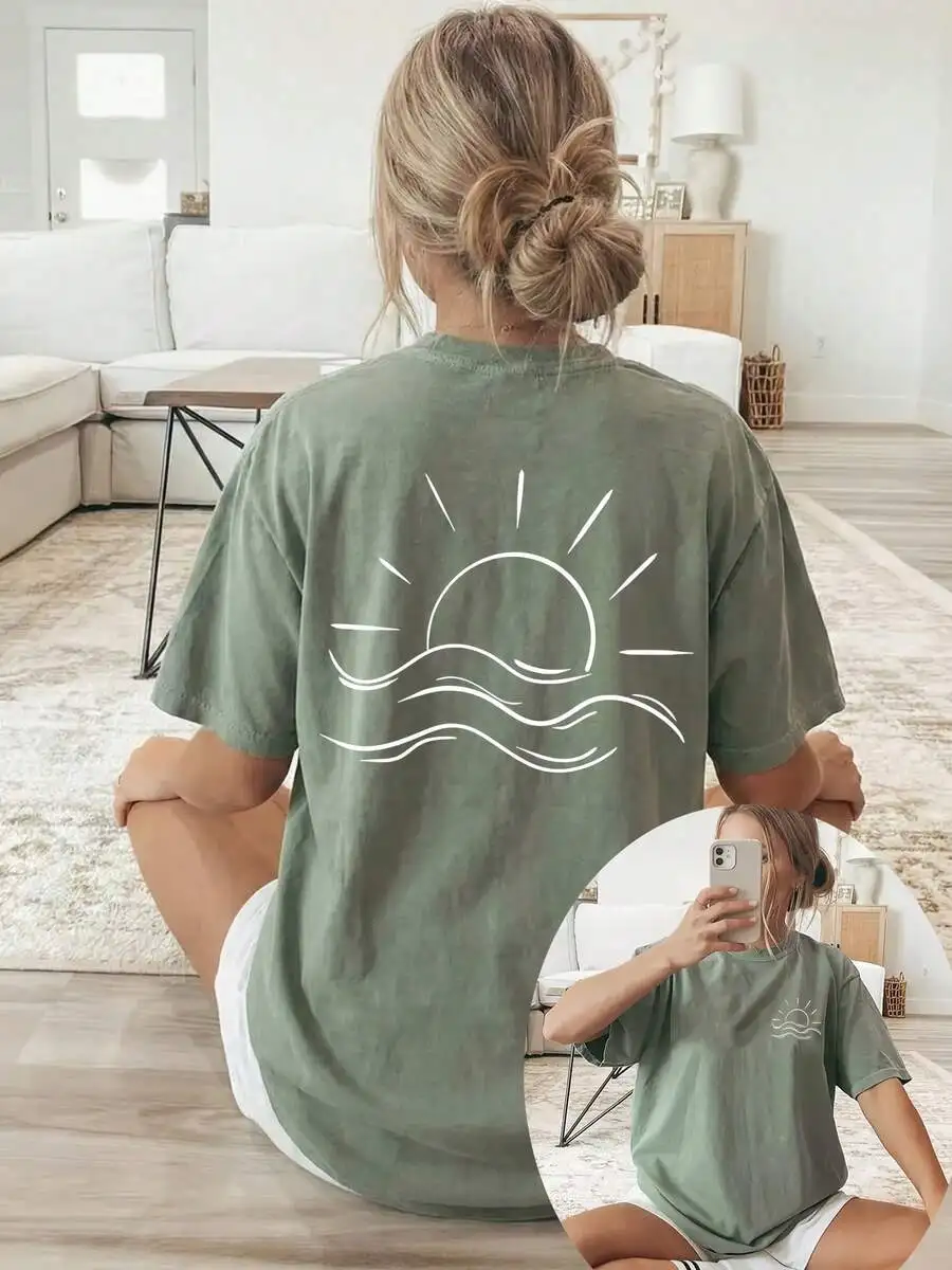 2026 Fashion New Arrival White Line Sun And Sea Graphic Print Womens Loose Crew Neck Short Sleeve T Shirt Double Sided Print Summer Casual Wear Tee Basic Top T Shirt