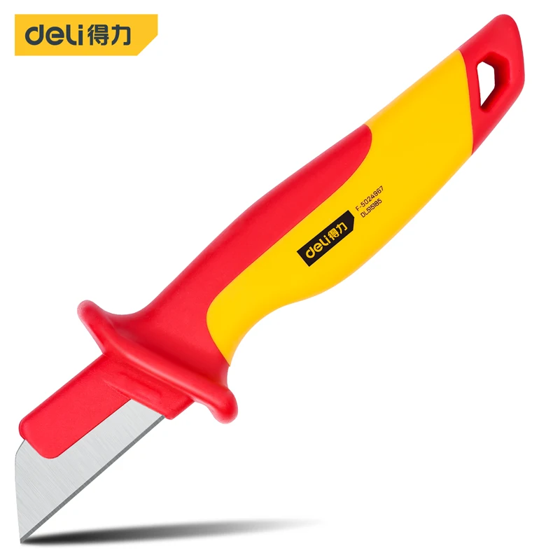 Deli 1000V Insulated Electrician Knife Cable Stripping Knife Straight Curved Hook Fixed Blade Wire Stripper Tool for Electrician