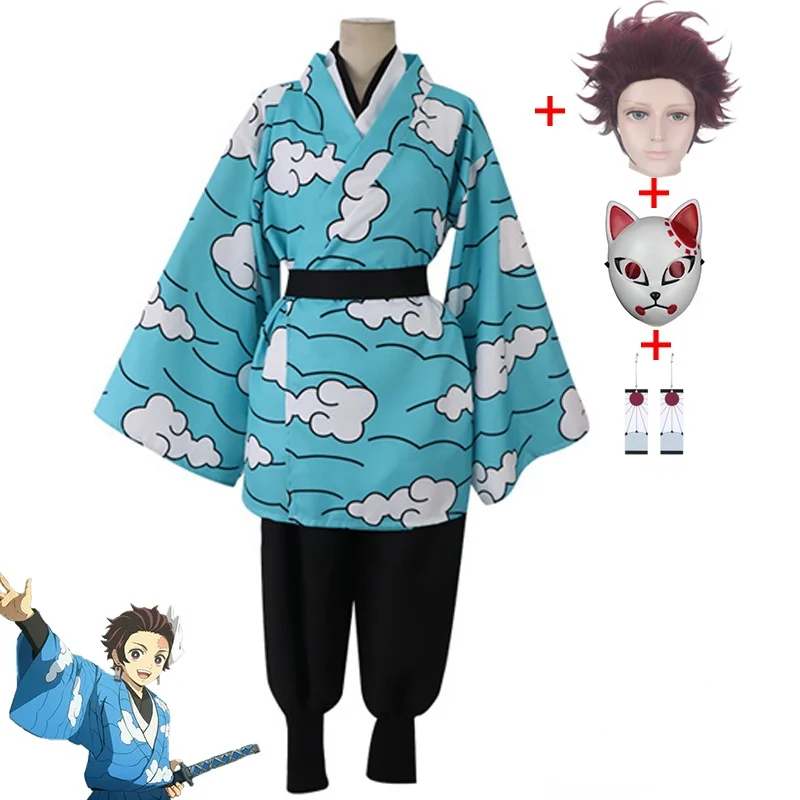 

Demon Slayer Kamado Tanjirou Full Cosplay Costume Include Wig Mask Earring Kimetsu no Yaiba Halloween Funny Costume