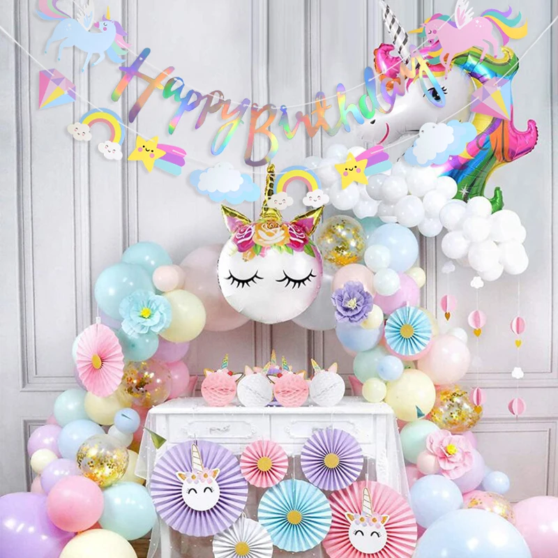 Pancarta de fiesta de unicornio, guirnalda de papel de feliz cumpleaños, banderines para niños, tema de unicornio, decoración de fiesta de