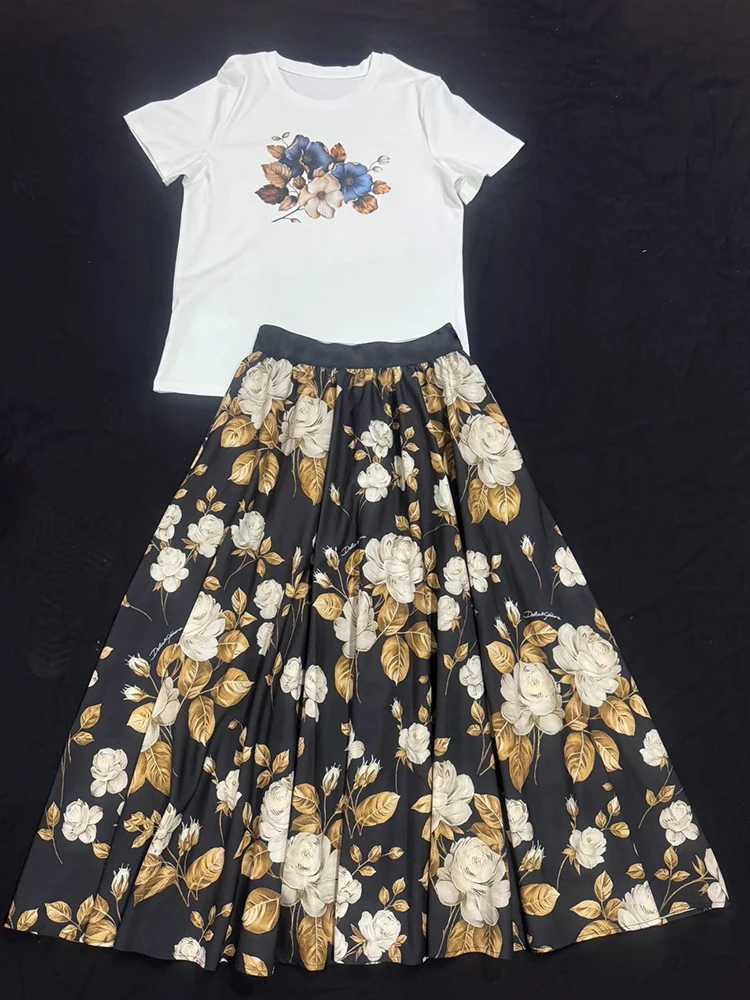 Retro geometric print T-neck knitted pullover two-piece suit 2026 summer women's dress+loose plus size A skirt fashion suit view 5