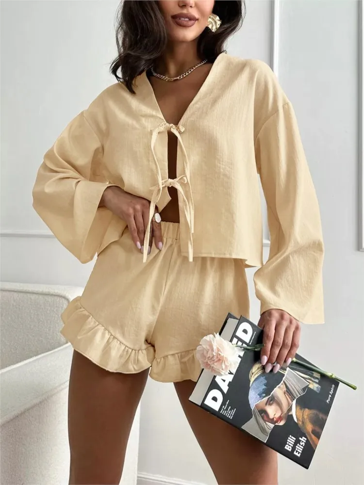 Fashion Top And Ruffle Shorts Sets Elastic Waist Shorts Two Piece Set Solid Cardigan Top Cusual Women Suit 100% Cotton Pajamas