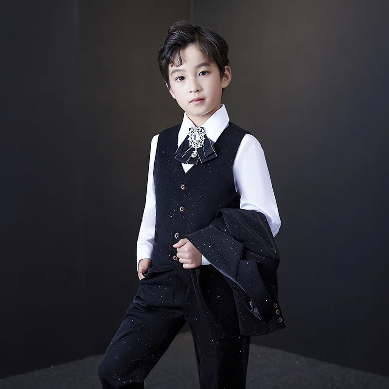 Children's Birtish Style Jacket Vest Pants Bowtie 4pcs Stage Show Photography Suit Kids Piano Wedding Birthday Tuxedo Dress