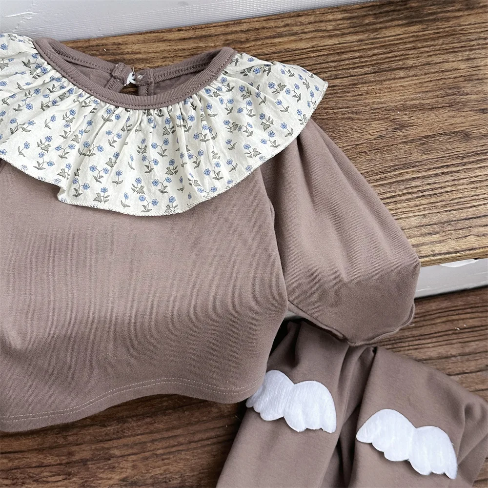 2024 autunno nuovo bambino vestiti a maniche lunghe Set neonata colletto arruffato top + pantaloni 2 pezzi vestito bambino floreale Homewear abiti