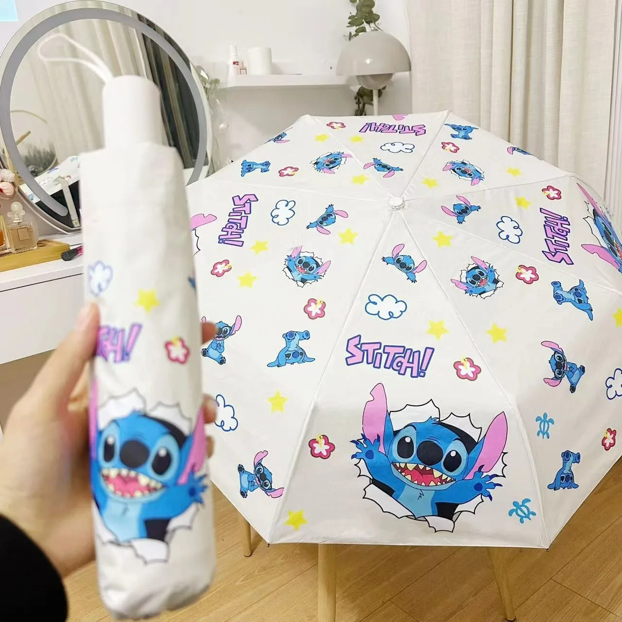 Cartoon Stitch Umbrella Female Instagram Folding Fully Automatic Sun Umbrella Sun and Rain Dual Use Student Sun Protection and U