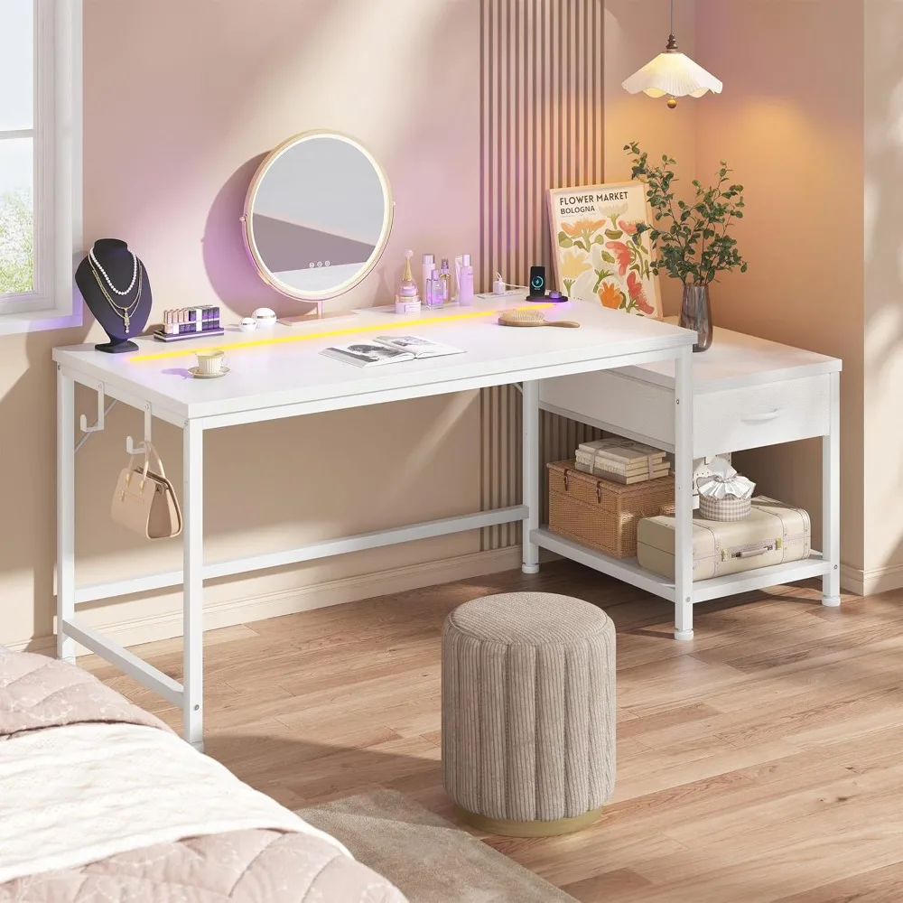 

56 Inch White Desk with Drawers & Shelf to Storage,Computer Desk with Power Outlet & LED Lights,Reversible Office Desk