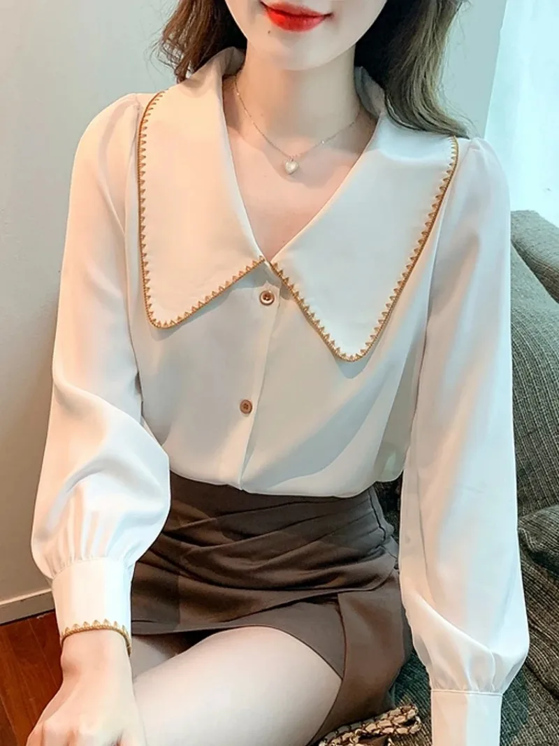 Long Sleeve Blouse Women White Chiffon Blouse Shirt Tops Women Blusas Mujer De Moda 2024 Blouses Camisas Blusa Feminina F521