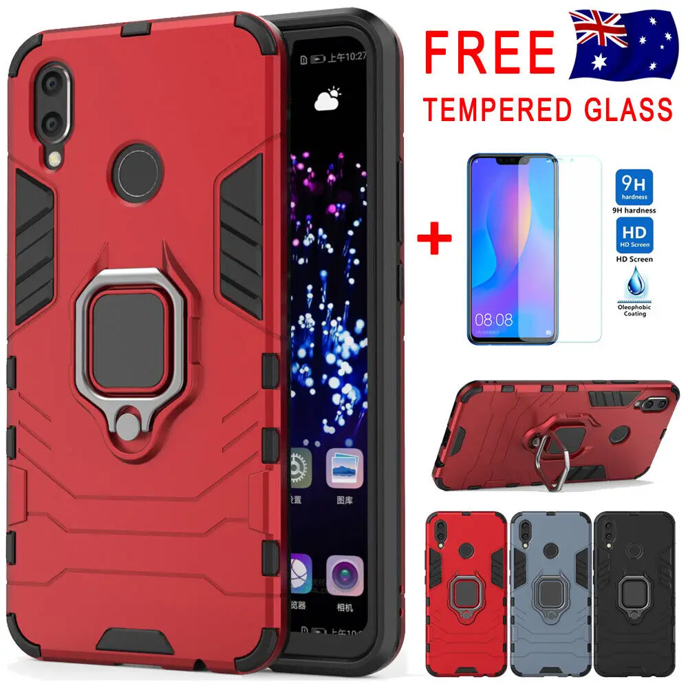 

For Huawei Nova 3i Heavy Duty Shockproof Hybrid Kickstand Case Ring Holder Cover+Tempered glass Screen Protector