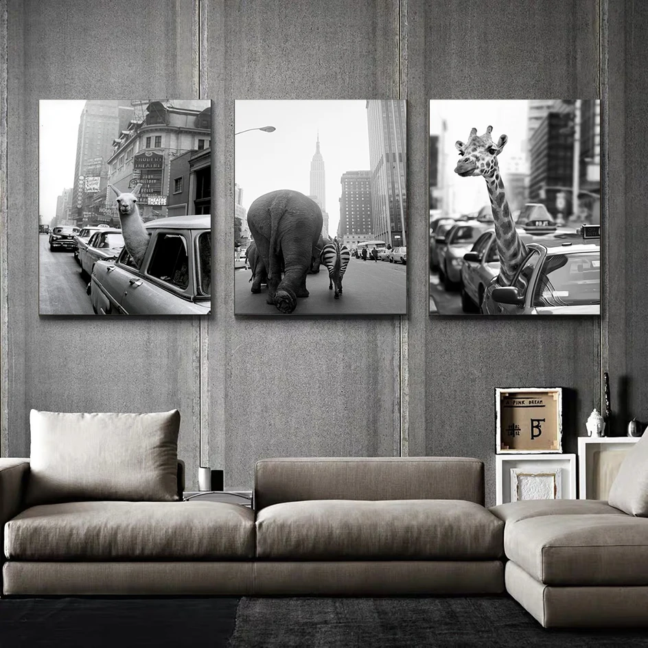 

Alpaca Elephant Zebra Animal Poster Black White New York City Picture Decorative Painting Canvas Wall Art Modern Home Room Decor