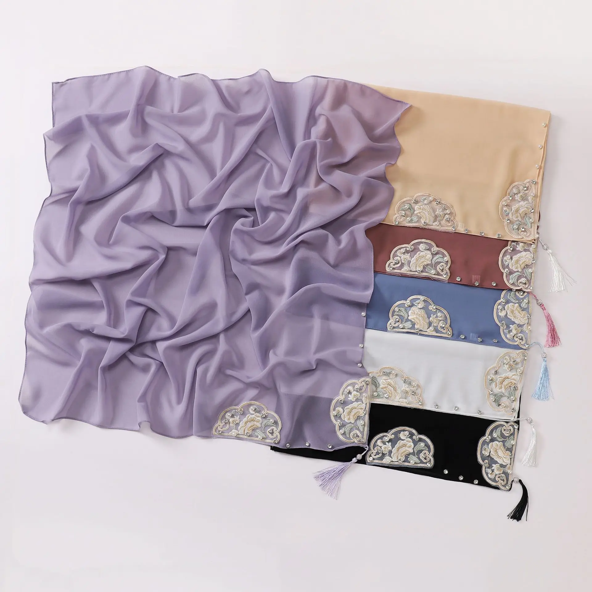 

New Pearl Chiffon National Style Embroidered Diamond Tassel Chiffon Islamic Scarf Middle East Africa Headband 90*90cm