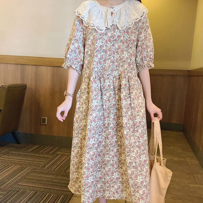 Summer Floral Lace Collar Dress Women Sweet Mori Gril Cotton and Linen Short Sleeve Long Dress Vintage Large Loose Vestidos