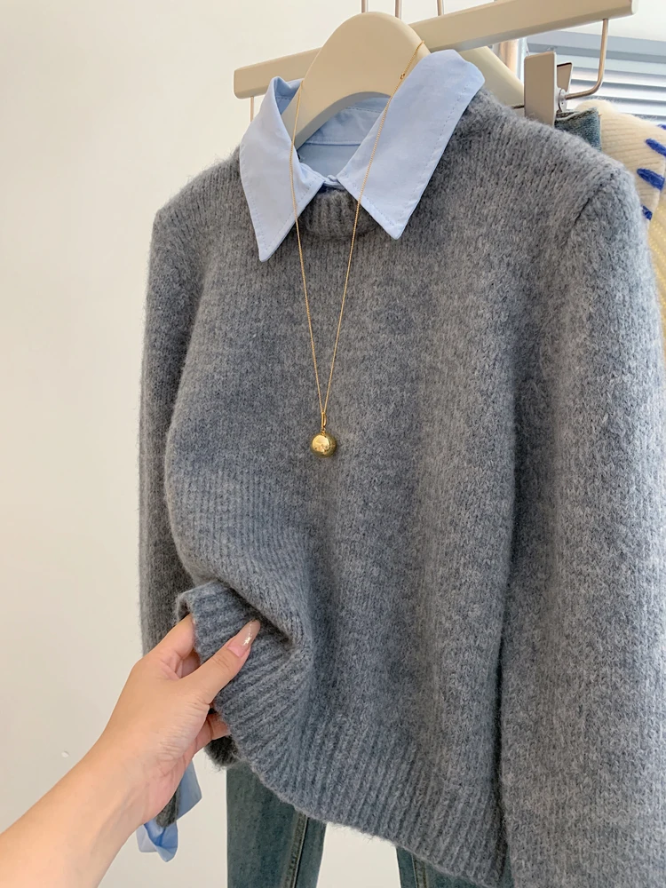 Thiened オーバーサイズ irt デザイン レディース セーター プルオーバー スレ スプライシング パターン 暖かい 秋冬 襟付き ロングスリーブ