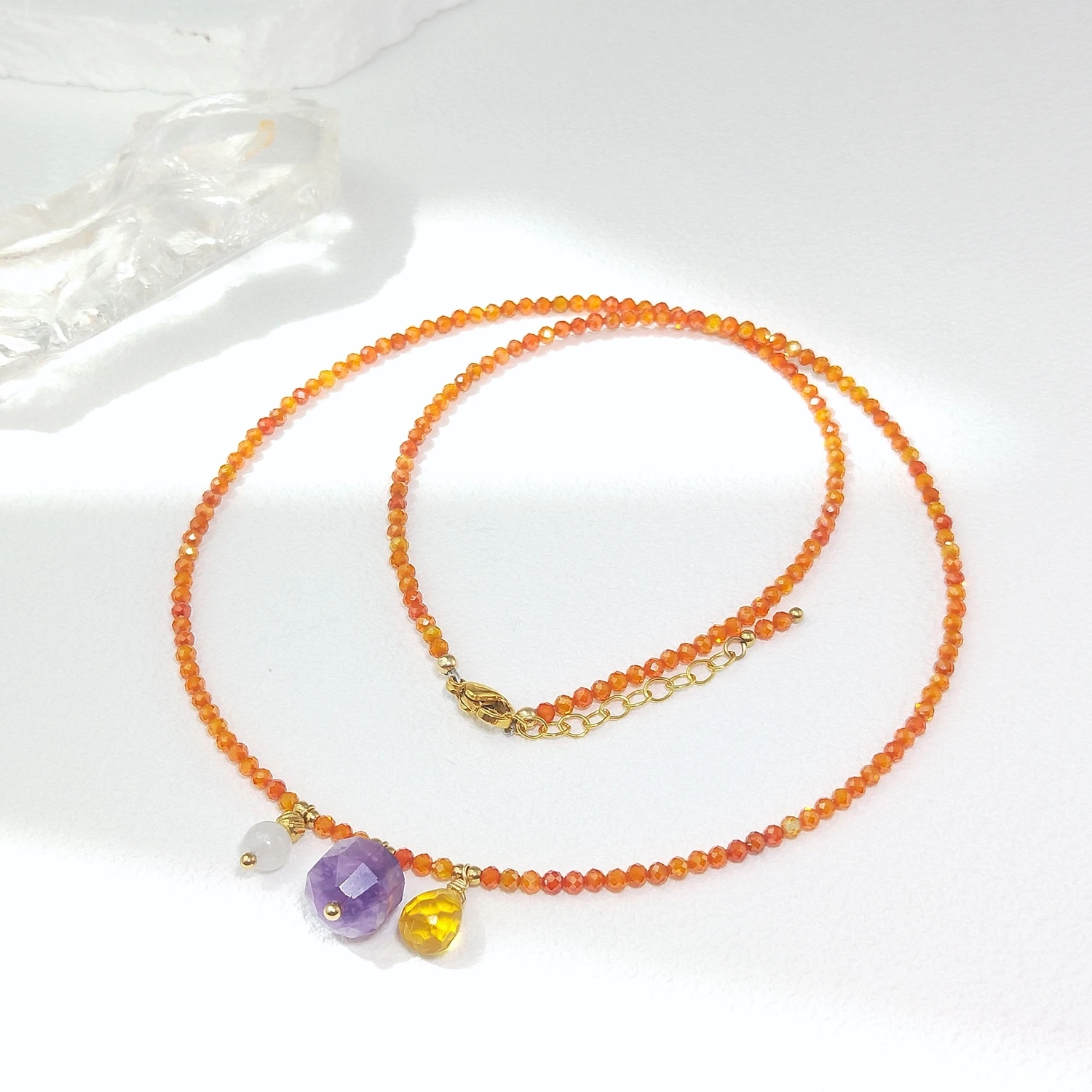 

Колье Lii Ji оранжевый циркон с аметистом и лунным камнем из нержавеющей стали, позолоченные подвески, ожерелье 46 + 3 см