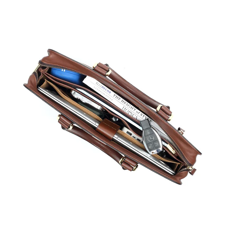 جديد حقيقي حقيبة ساعي الرجال الجلود طبقتين جلد البقر حقيبة لابتوب حقيبة أعمال أفقية سعة كبيرة حقيبة يد رجالية #4