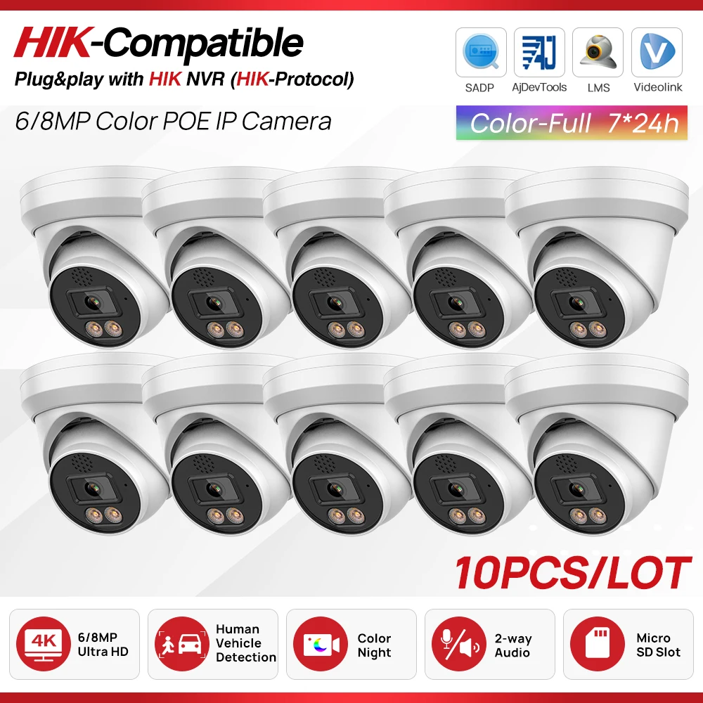 HIKVISION-Câmera de Rede de Vigilância, ColorVu IP, Áudio Bidirecional, Slot para Cartão SD, Plug and Play com HIK NVR, Compatível, 6MP, 8MP, 10pcs